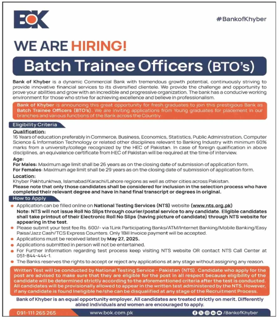 Batch Trainee Officer BTO Jobs in Bank of Khyber May 2025 ad